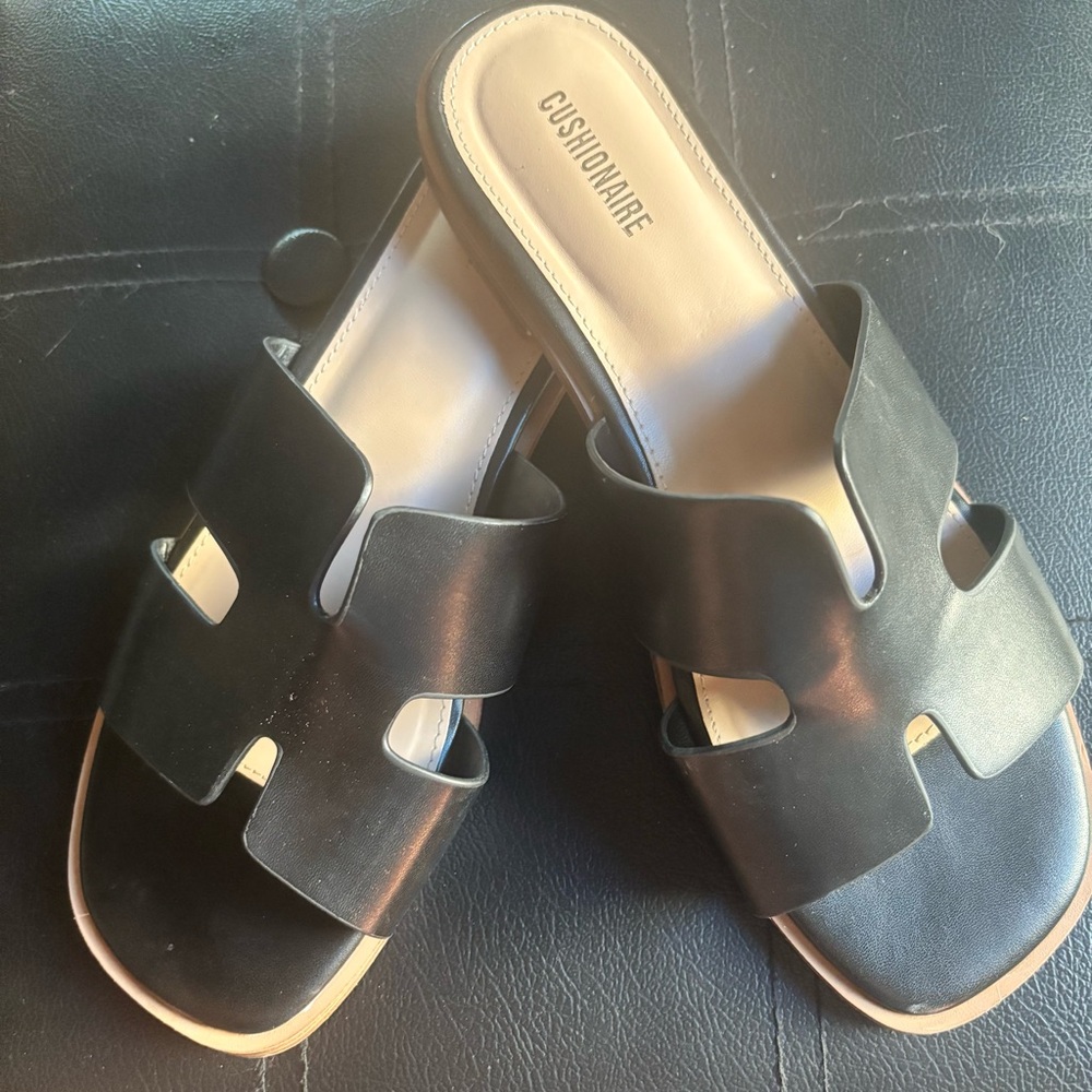 Black Leather Slide Sandals with H Cut-Out Design